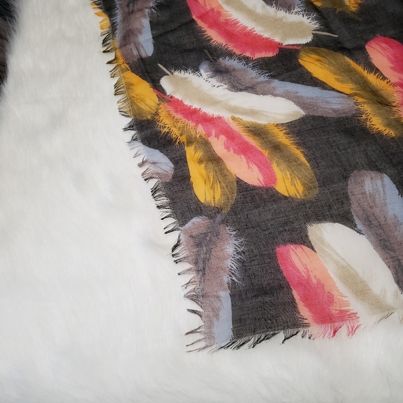 Black Multi-Color Feather Print Scarf, Light - Picture 3 of 7